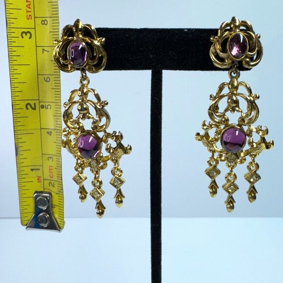Gold Tone and Purple Stones Chandelier Pierced Earrings Prom - Picture 6 of 6